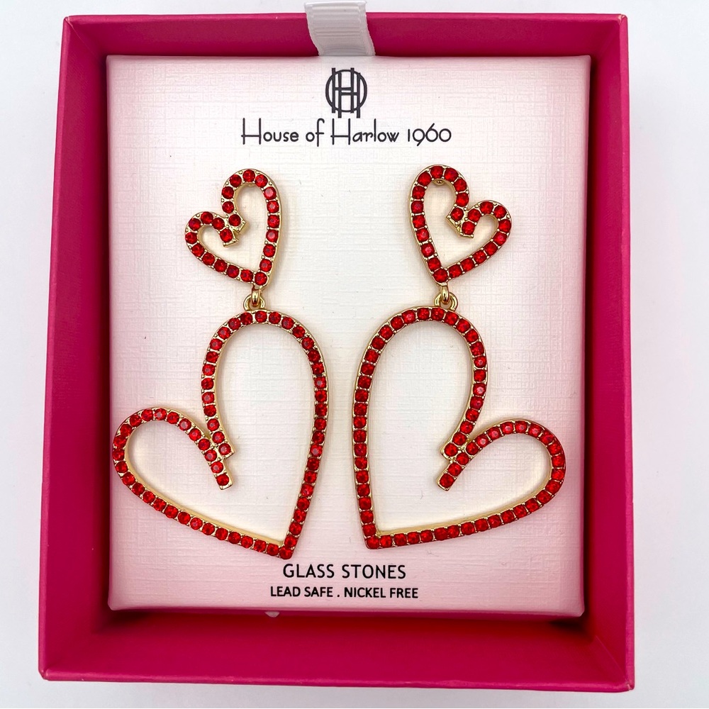 House of Harlow 1960 Red Rhinestone Heart Upon Heart Stud Earrings NIB